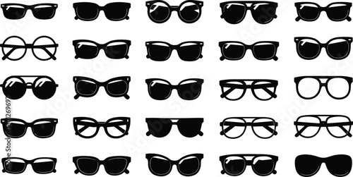 Eyewear silhouettes, sunglasses collection, fashion frames, retro glasses, modern styles, black icons, vector design, accessory set
