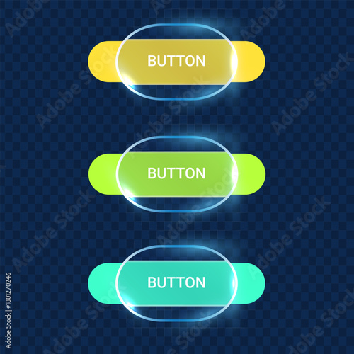 Collection of translucent glassmorphism elements with glowing edges, gradients and soft pastel colors, suitable for UI design and modern branding.