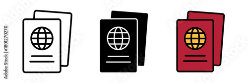 Passport icon in flat vector illustration, designed in outline, filled, and color style. Ideal for representing international travel, identification documents.