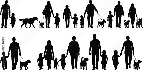 Family, walking, together, silhouette, dog, child, parent, bonding, outdoors, unity, lifestyle, companionship, people, pet, love, connection, harmony, stroll