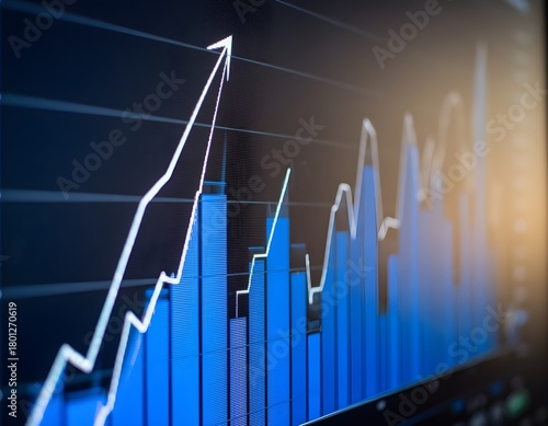 Minimal closeup of a financial graph showing an upward trend in blue tones with shallow depth of field and corporate mood.