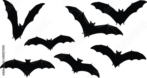 Flying bats silhouette, Halloween theme, spooky creatures, nocturnal animals, gothic illustration, black wings, eerie flight, cartoon bats, vector design, horror art