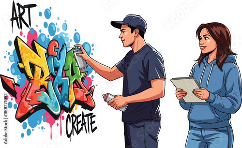 Urban street art creation, graffiti artist painting wall, digital sketch collaboration, creative teamwork, modern art expression, youth culture style, vibrant design
