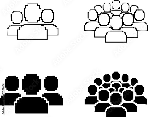 A vector set of minimalist people group icons in a pixelated style, featuring silhouettes and outlines for representing users or a community