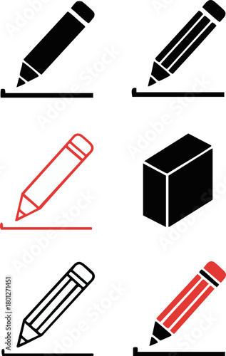 A versatile icon set of pencils and an eraser, symbolizing creativity, editing, and the process of writing or drawing for various design projects