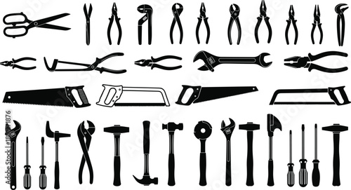 Hand tools collection, pliers, wrenches, screwdrivers, hammers, saws, silhouettes, carpentry, mechanical, electrical, DIY, repair, maintenance, construction, toolkit, hardware, workshop