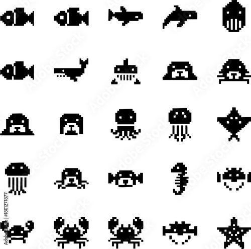 Pixelated Marine Life Collection A Set of Black and White Sea Creatures for Design and Iconography