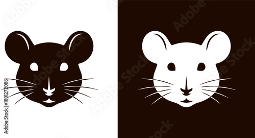 Stylized mouse or rat face symbol in black and white. Vector graphic icon for logo or design element. Minimalist rodent head illustration
