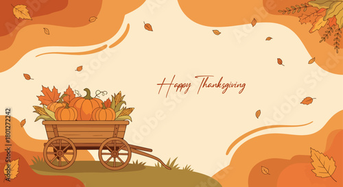 Handdrawn Thanksgiving Pumpkin Cart with Falling Leaves and Autumn Background Illustration
