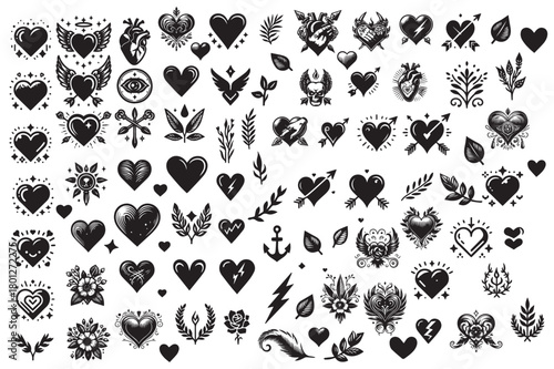 Collection of many heart shapes and symbols of love and romance, a wide variety of elegant icons for design purposes.