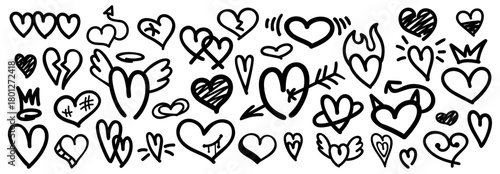 A collection of hand-drawn heart shapes in various styles, perfect for expressing love, affection, and emotions. 