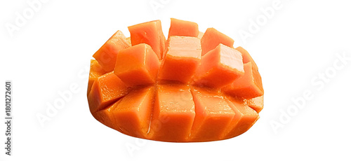 Image of ripe mango slices cut into bright yellow cubes on a transparent background, suitable for culinary elements, food illustrations, and versatile digital design applications