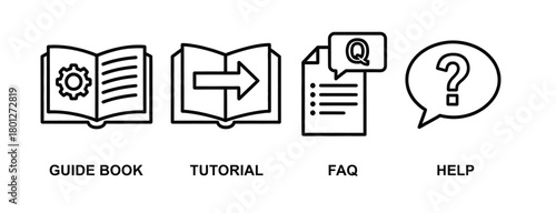Set of four simple line art icons representing a guide book tutorial faq and question mark for information and support