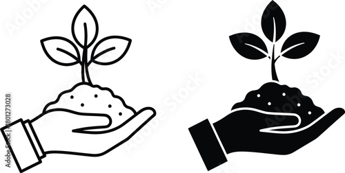 Two hand drawn icons of a hand holding a sprout with leaves in soil one in outline and one in silhouette