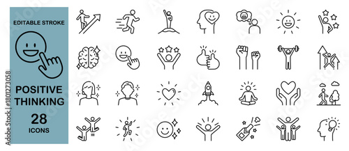 Positive Thinking Icon Set – Emotion, Motivation, Optimism and Success. Editable Stroke, Vector Illustration