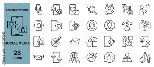 Social Media Icon Set – Network, Communication, business and Marketing. Editable Stroke, Vector Illustration