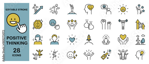 Positive Thinking Icon Set – Emotion, Motivation, Optimism and Success. Editable Stroke, Colored Vector Illustration