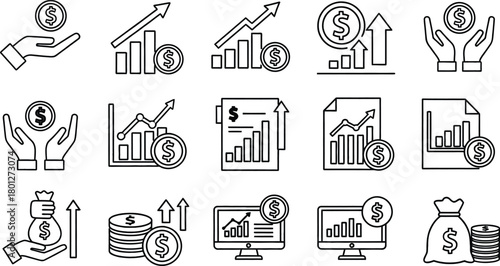 Collection of hand drawn icons representing financial growth investment and business success