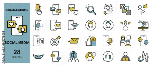 Social Media Icon Set – Network, Communication, business and Marketing. Editable Stroke, Colored Vector Illustration