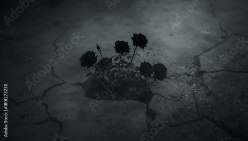 Dark Elegance: Black Roses Blooming from a Cracked Surface