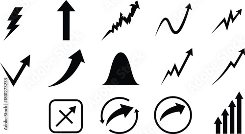 Collection of hand drawn upward trending arrows and graph symbols representing growth progress and success