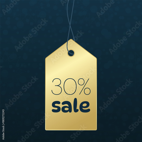 30% sale golden shopping tag. Snowflakes background. Vector bue gold gradient illustration for business, shop, advertising, web design, marketing, retail, best offer, discount