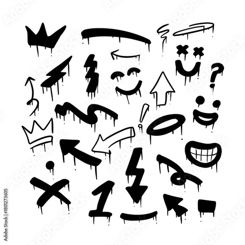 A collection of various graffiti-style icons, including crowns, arrows, smiley faces, and other artistic elements. The images showcase a raw and urban aesthetic, representing creative self-expression