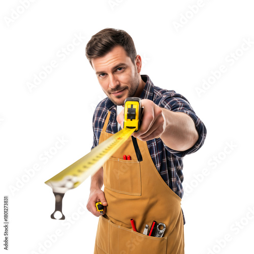 Carpenter measuring tape, handyman showing measurement, craftsman tool pose, professional builder accuracy concept, worker measurement action — Isolated on transparent background, png