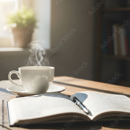 A steaming cup of coffee placed next to an open book with a pen on a wooden table in a cozy indoor setting with natural sunlight streaming in