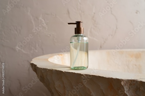 Clear liquid soap dispenser on the edge of a stone sink
