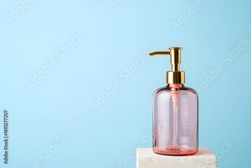 Elegant pink glass dispenser with gold pump on a pedestal