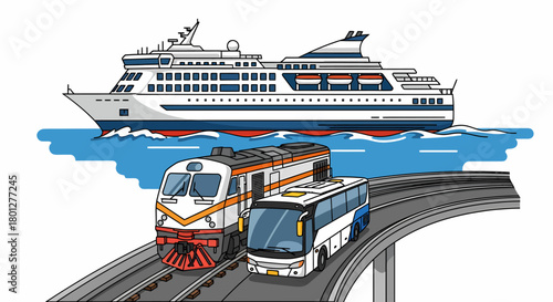 Illustration depicting various modes of transport including a ship, train, and bus on a bridge.