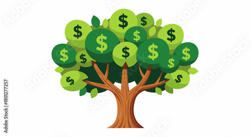 A vibrant illustration of a money tree laden with dollar sign fruits, symbolizing wealth and financial growth.
