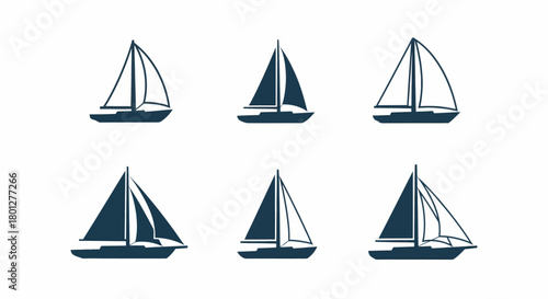 Six stylized illustrations of sailboats, each with a different sail configuration, depicted in a minimalist style.