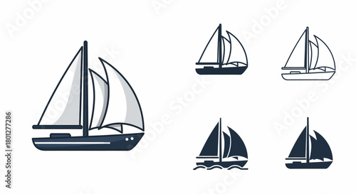 A collection of five stylized sailboat and yacht icons in various line and solid styles, isolated on a white background.