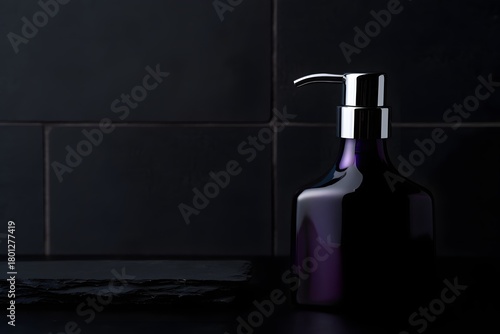 Dark bathroom soap dispenser with subtle lighting