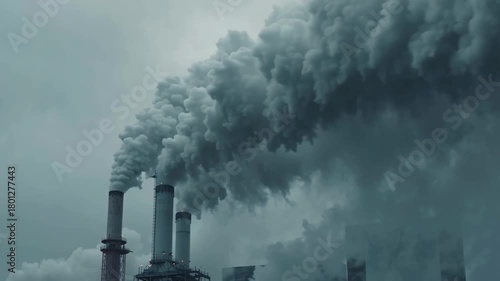 Environmental health risks increase as thick smoke from industrial factory chimneys causes air pollution impacting air quality and creating hazardous