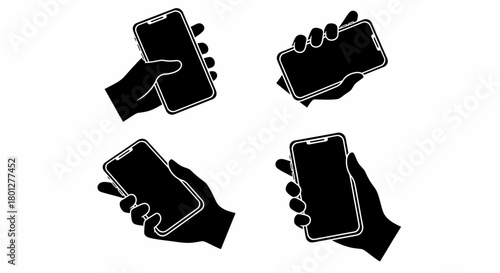 Four black silhouette hands holding modern smartphones in various orientations.