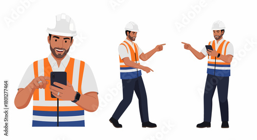 Construction worker in hard hat and safety vest using smartphone.