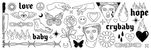 A collection of various tattoo designs with words, symbols, and artistic illustrations. Includes knife, love, peace symbol, hands, eye, crescent, butterfly, heart, rose, faces, tears, chains and more