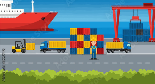 An illustration of a busy port scene with cargo ships, trucks, and containers, showcasing logistics.