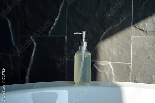 Clear liquid soap dispenser on a bathtub edge with marble tile background