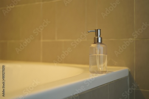 Clear liquid soap dispenser on the edge of a bathtub
