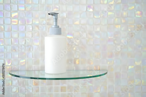 White pump bottle on a clear glass shelf with textured background