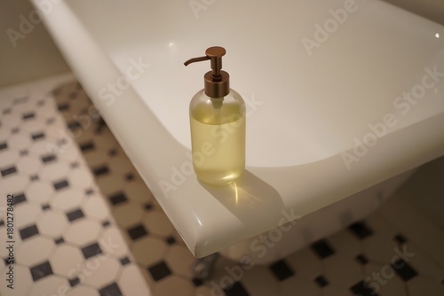 Clear liquid soap dispenser on a bathtub edge with tiled floor