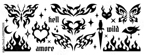 Mysterious illustrations, including butterflies, hearts, flames, and a dagger, showcase an artistic style that evokes mystery and darkness