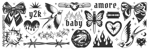 Y2k vintage tattoo-inspired illustration, a mix of elements including bows, swallows, hearts, flames, butterflies, and a razor blade, rendered in grayscale.