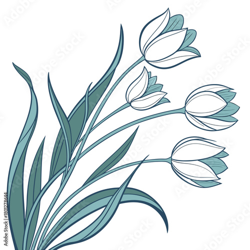 Elegant stylized illustration of a bouquet of white and teal tulips with flowing green leaves on a white background
