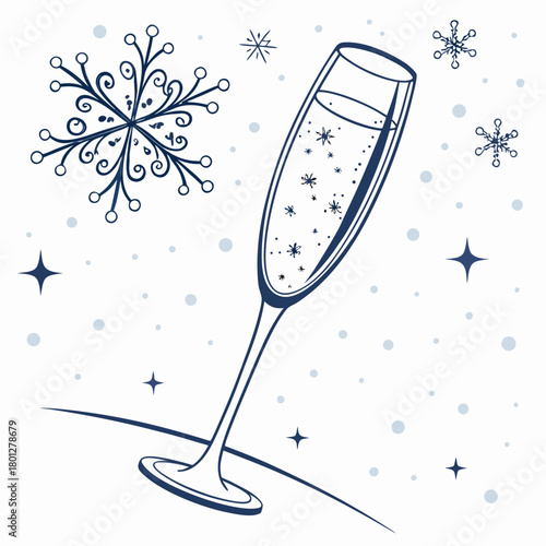 Festive hand drawn champagne flute filled with sparkling liquid and snowflake decorations on a white background