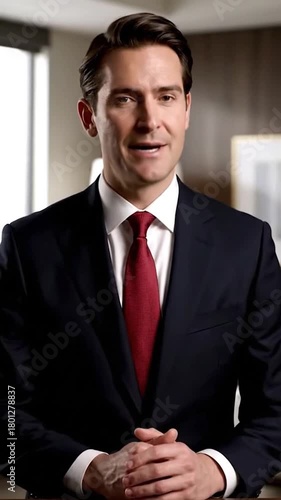 A man in a suit and tie speaks directly to the viewer, facing the camera